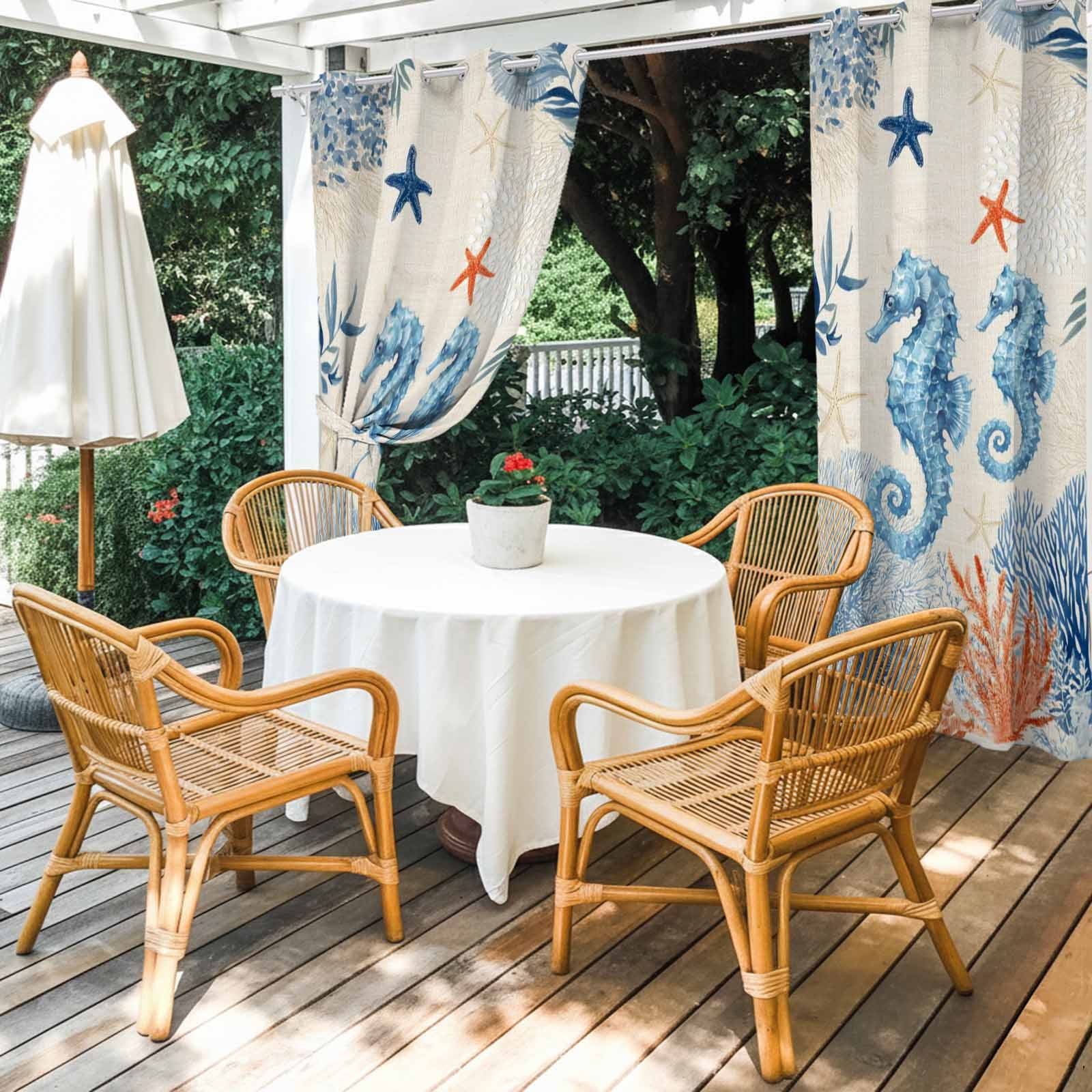 Sea Corals Seahorse Outdoor Curtains for Patio, Summer Beach Sea Stars Linen Texture Sunshade Privacy Drapes Grommet Waterproof Outside Curtains for Porch/Cabana/Balcony 54"x 108", 1 Panel