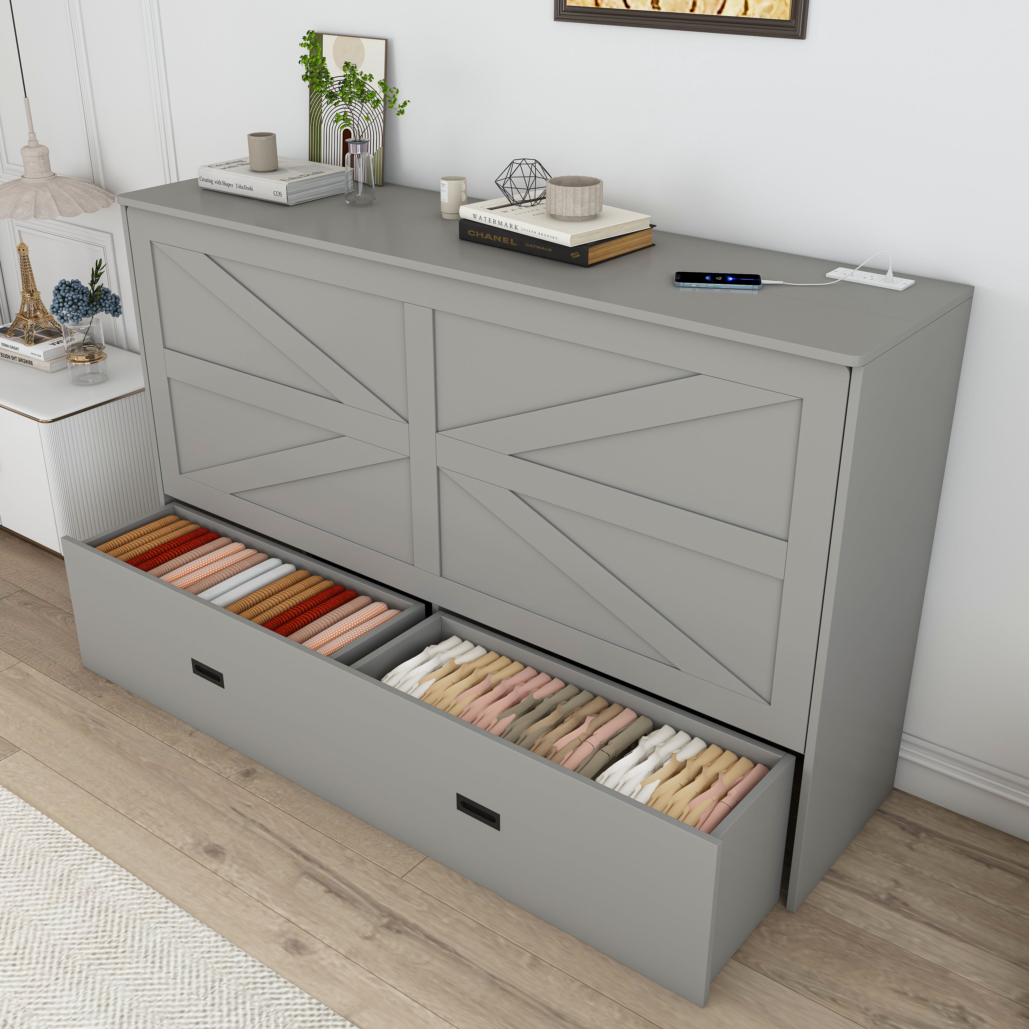 Mintazer Full Murphy Bed with 2.8" Mattress & Charging Station, Foldable Cabinet Bed with Storage Drawers for Bedroom Guest Room&nbsp;Living Room, Gray
