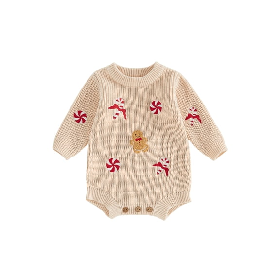 Cjfdfy Newborn Baby Boy Girl Christmas Outfit Sweater Romper Candy Cane Gingerbread Man Embroidery Long Sleeve Infant Christmas Knit Sweater Fall Winter Clothes