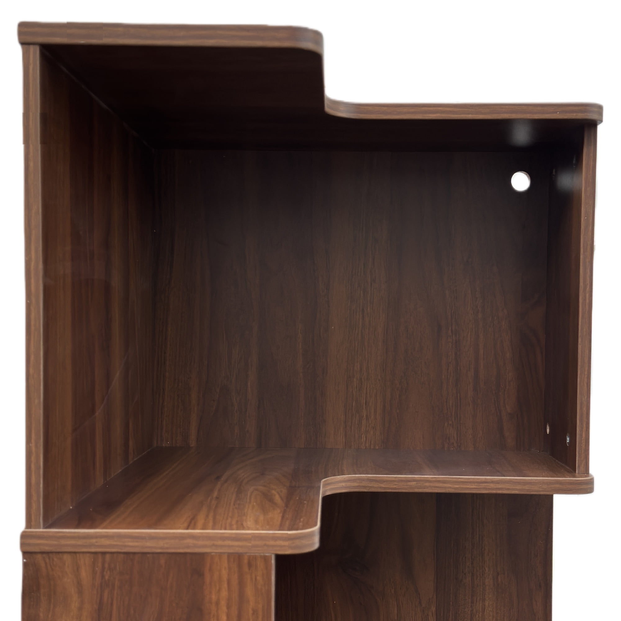 Leumius 4 Tier L Shaped Display Shelf Stand with Baffle and Drawers, Freestanding Corner Bookshelf Bookcase with LED Lights for Home Office Living Room Bedroom Kitchen Walnut