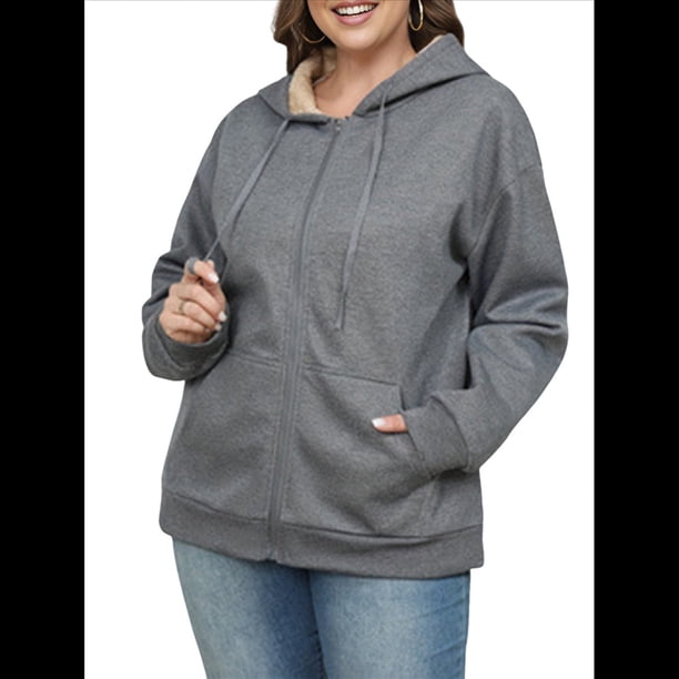 Sudadera con Capucha de Invierno de Larga con Cremallera para Mujer, Informal, Cálida y Acogedora, con Forro , para Otoño. Gris Oscuro XXXL