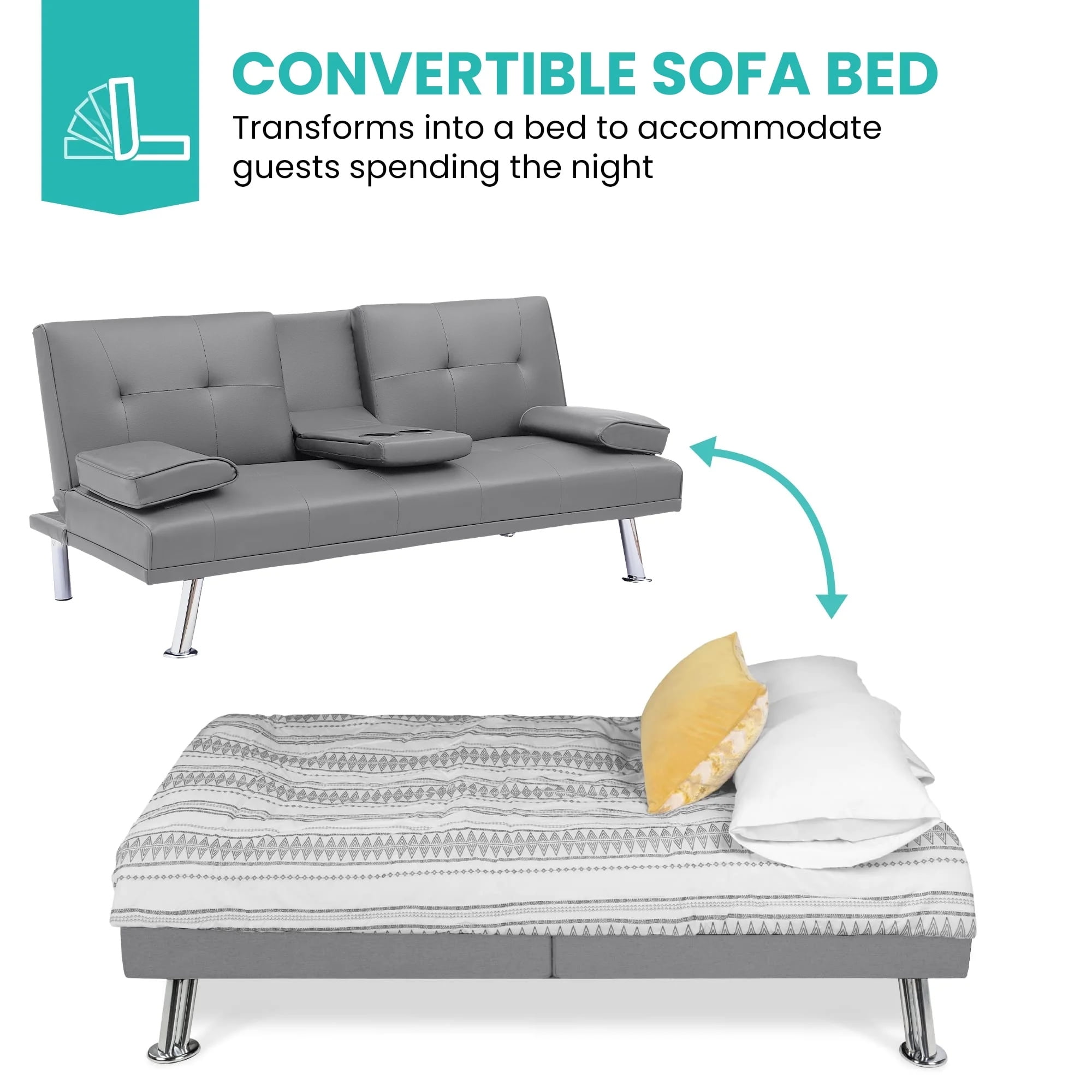 Aukfa Leather Futon Convertible Sofa Bed with 2 Cupholder&Pillow for Home Office Twin Size, Gray