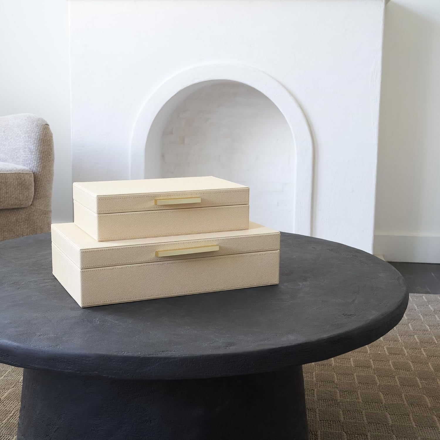 Decorative storage boxes with lids – a two-piece set of elegant PU leather organizer boxes perfect for bookshelf home décor – securely and stylishly store photos, documents, and keepsakes.