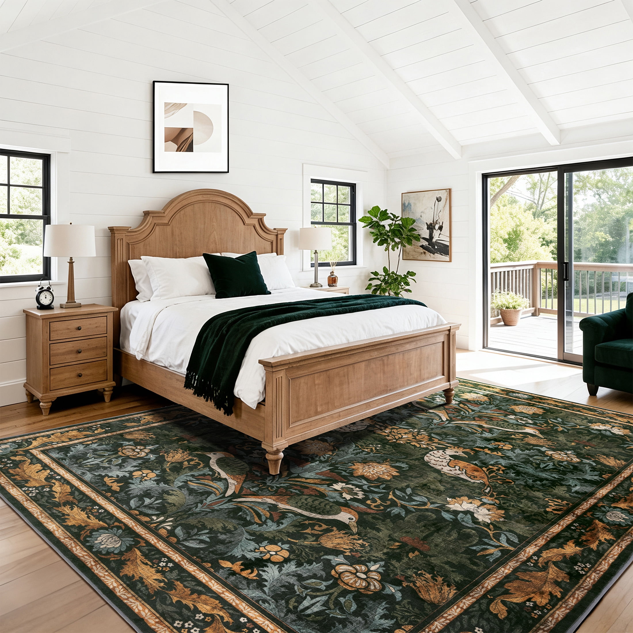SORONO KATE 9'x12' Floral Bird Area Rugs for Living Room, Machine Washable Oriental Vintage Distressed Non Slip Soft Indoor Area Carpet, Forset Green