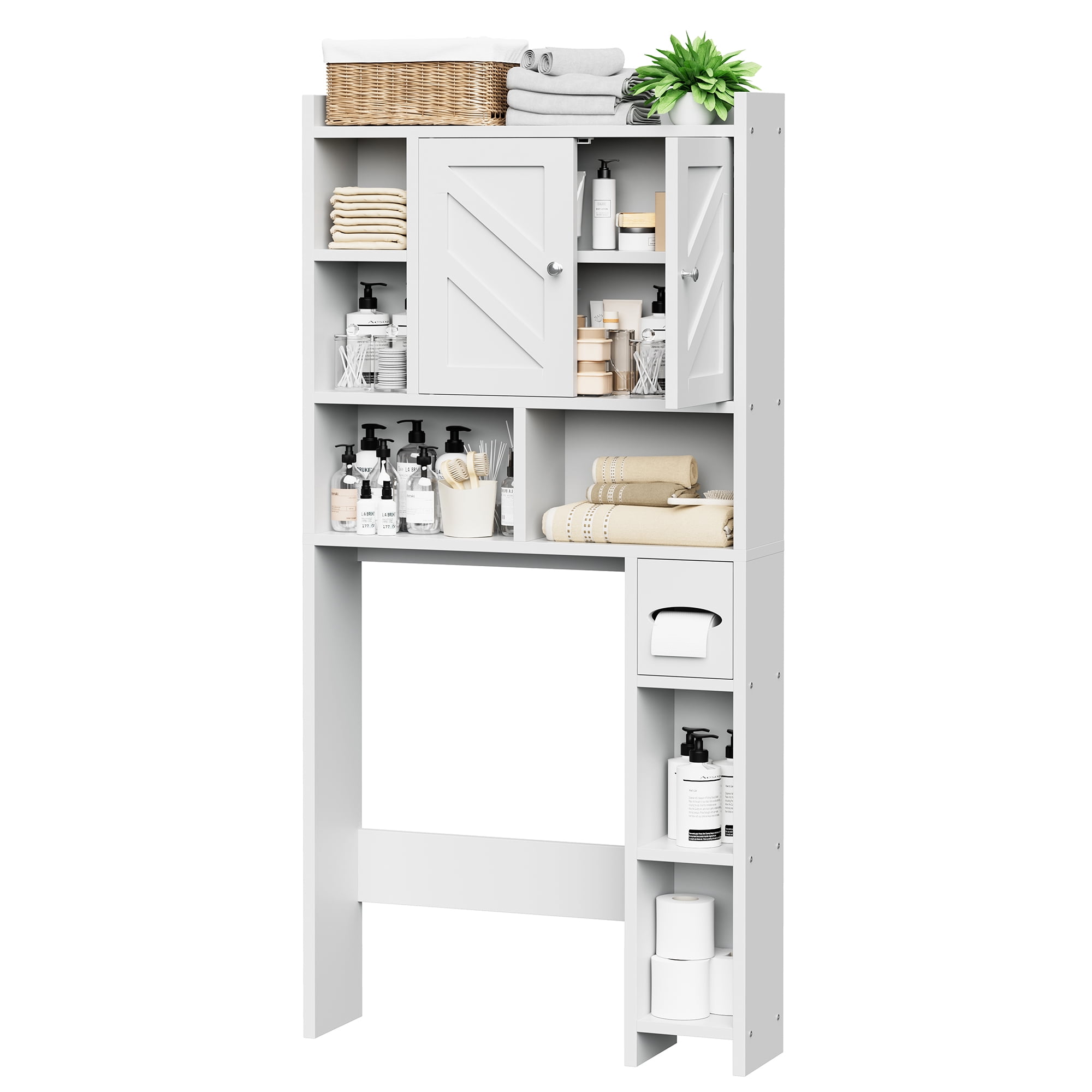 Walsunny Over the Toilet Storage Cabinets with Doors Side Shelves Toilet Paper Holder Stand Organizer Shelf Rack Space Saver above behind Toilet Freestanding for Bathroom Restroom Laundry White