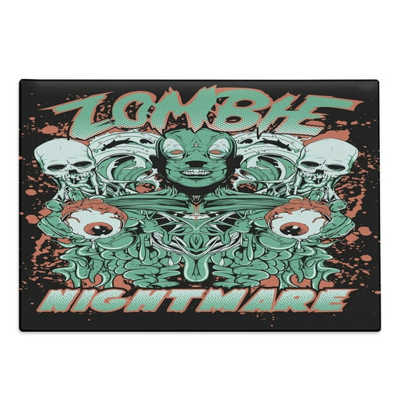 Zombie Cutting Board, Retro Style Nightmare with Skulls Ghost Characters Wild Illustration, Decorative Tempered Glass Cutting and Serving Board, Large Size, Jade Green Salmon Black, by Ambesonne