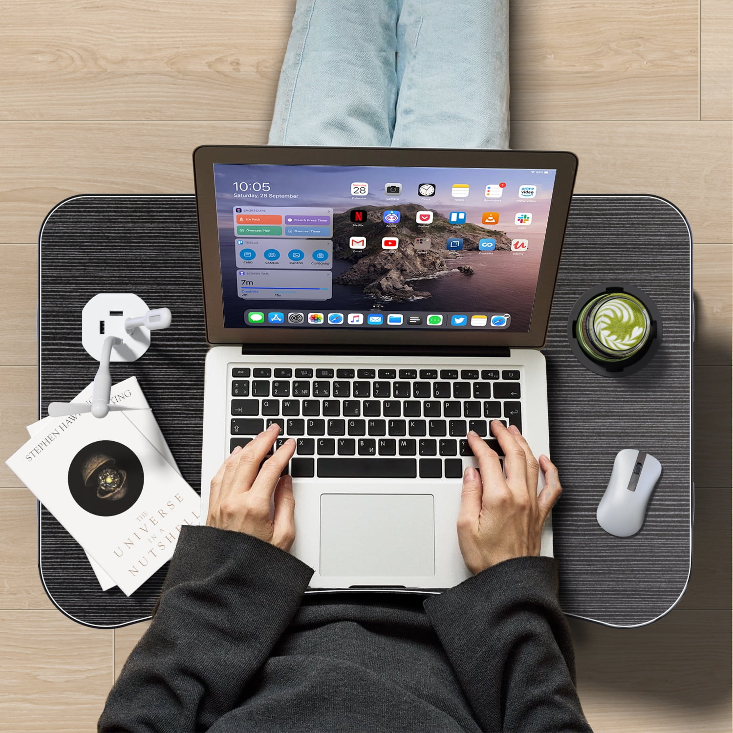 Foldable Laptop Desk for Bed, Bed Tray Table with 4 USB Ports, Cup Holder and Draw, Bed Standing Table for Working Reading Writing, Eating for Bed Sofa Couch Floor, with Mini Lamp & Fan