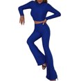 thumbnail image 4 of VISgogo, traje de 2 uds con pantalones para mujer, Tops cortos de cuello alto de manga larga de Color liso, pantalones acampanados largos de tiro alto, ropa de primavera/otoño para mujer VISgogo  moda, 4 of 9