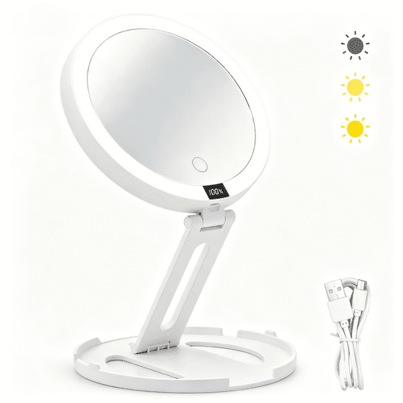 Askmuse Travel Makeup Mirror with Lights,1X/20X Magnifying Mirror with Touch Switch, 3 Color Dimmable,Portable Folding Mirror for Desk,Travel