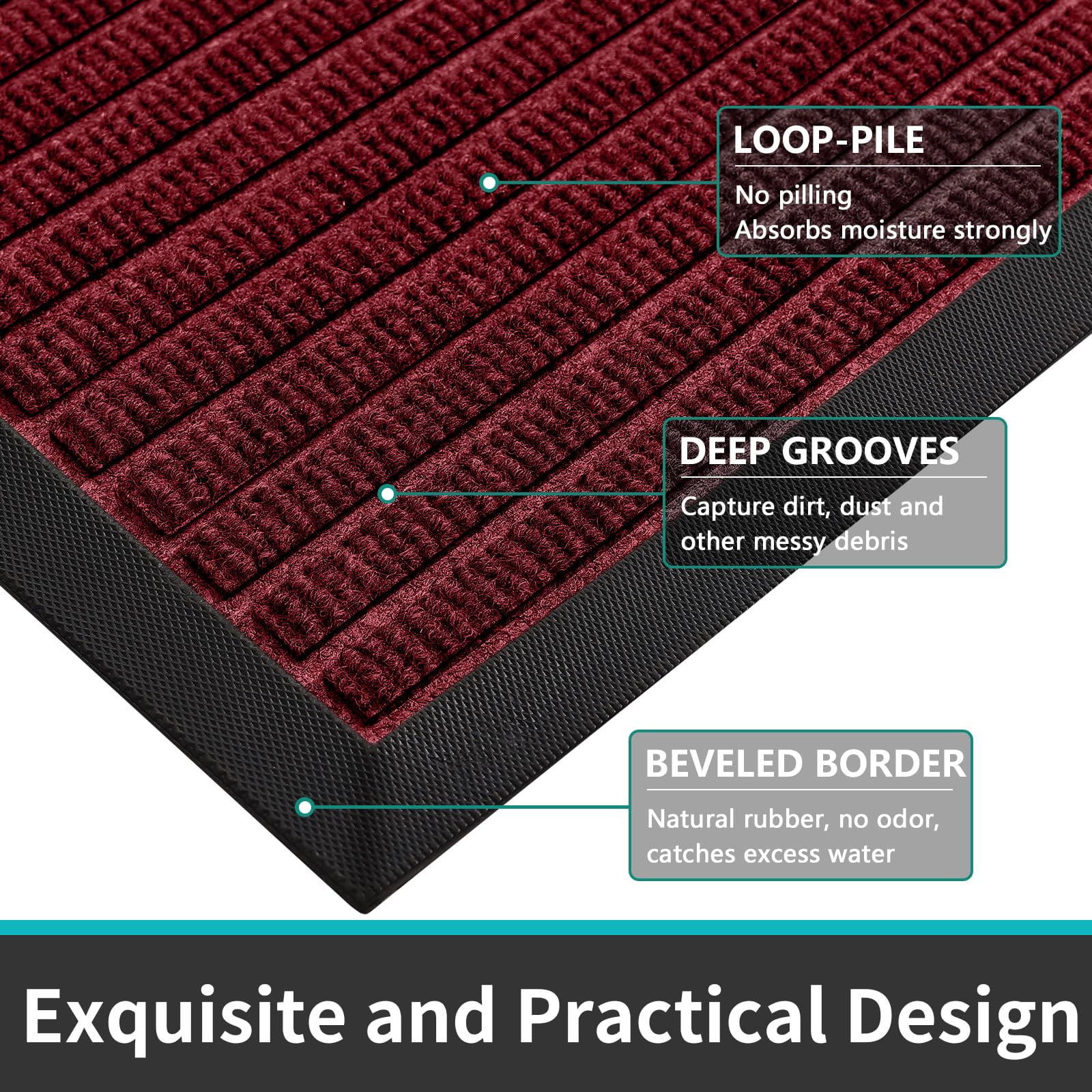 Buganda Heavy Duty Rubber Door Mat for Outside Entry, 17" x 29.5" Non-Slip Waterproof Doormat for Inside, Low Profile Dirt Trapper Doormat, Burgundy