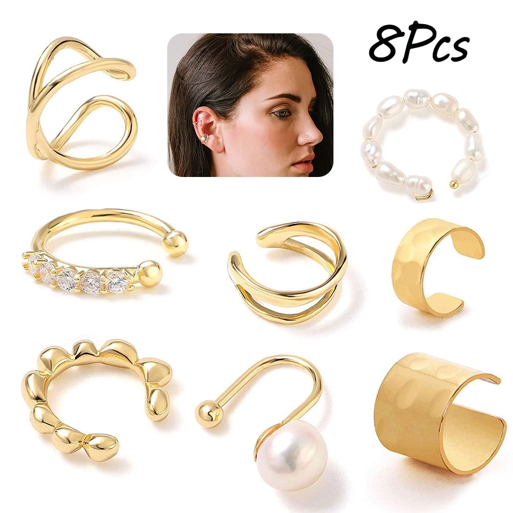 8Pcs Ear Cuffs for Non-Pierced Ears Gold Ear Cuff Earrings for Women Cartilage Hoop Clip On Hypoallergenic Huggie Earrings Fake Nose Ring Jewelry Gifts 