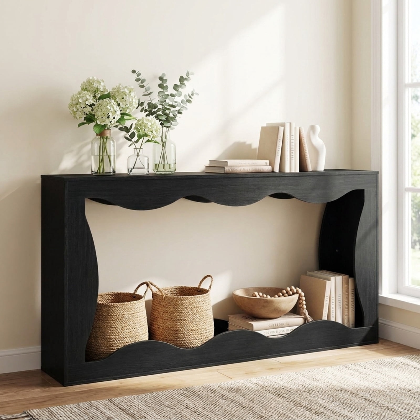 Furnibear 63 Inch Long Narrow Console Table 2 Tier Entryway Table with Wavy Edge Storage Shelf for Hallway Living Room, Black