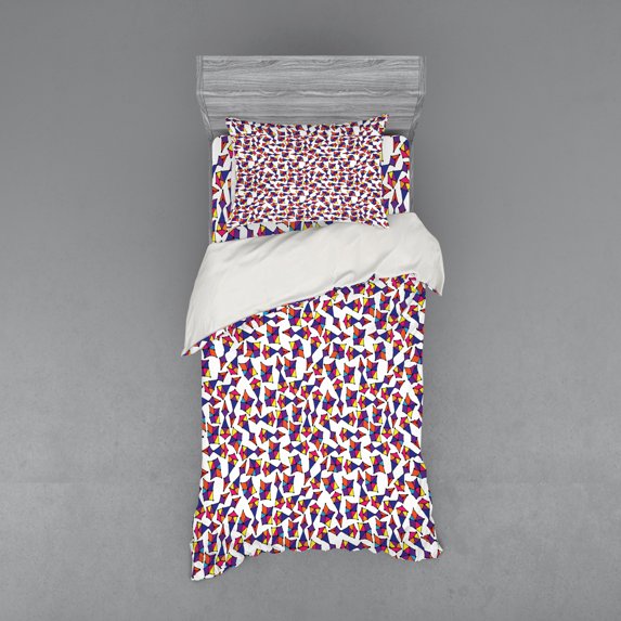 Colorful Duvet Cover Set, Pattern with Random Abstract Combinations of Triangles in Lively Colors and Dots, Bedding Set with Shams and Fitted Sheet, 3 Sizes, by Ambesonne