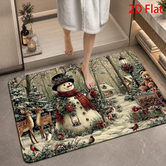 Christmas Snowman Bath Rug, Festive Winter Wonderland Bathroom Mat, Machine-Washable