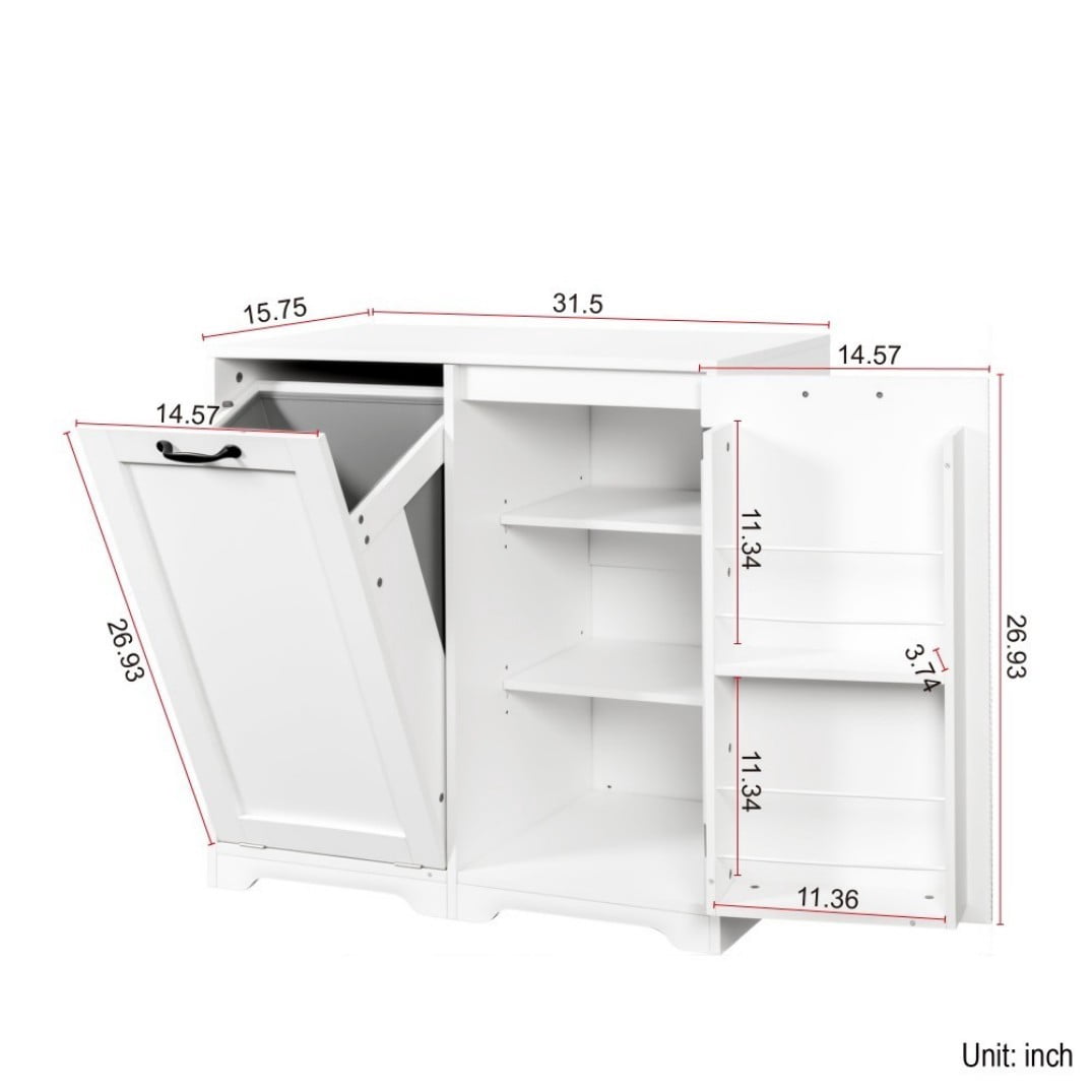 Laundry Cabinet with Tilt-Out Hamper, Freestanding Storage Cabinet with Doors, 3-Tier Shelves and Adjustable Shelf, White Bathroom Organizer, White