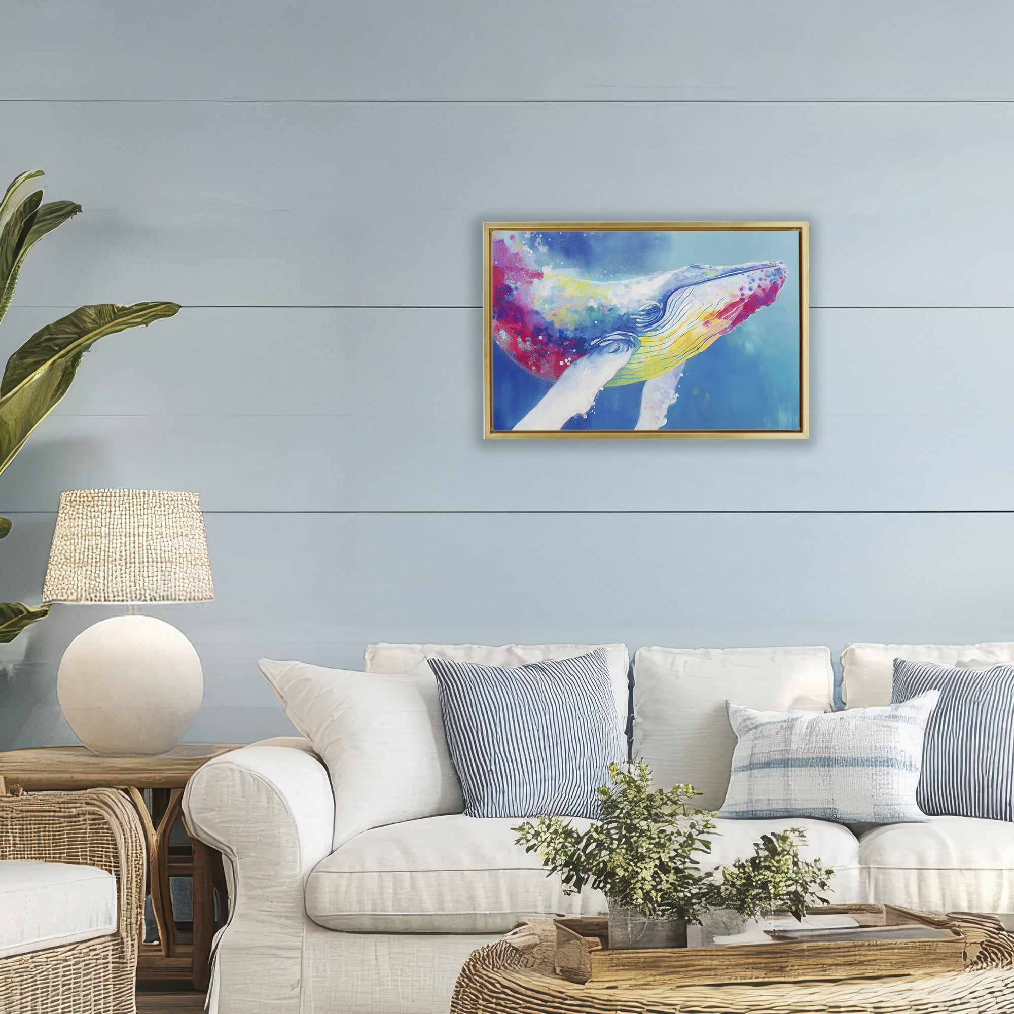 Stupell Industries Breaching Humpback Whale Gold Framed Floater Canvas Wall Art, design by Chromatic Storm Studio