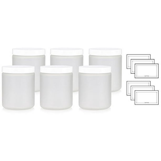 Large Clear Frosted Glass Straight Sided Jar with White Lids 8 oz