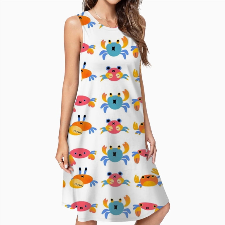 cute spring casual dresses Crab Summer For Women Fashion Dress Sleeveless Loose Sundress With Pockets casual summer dresses Size:26