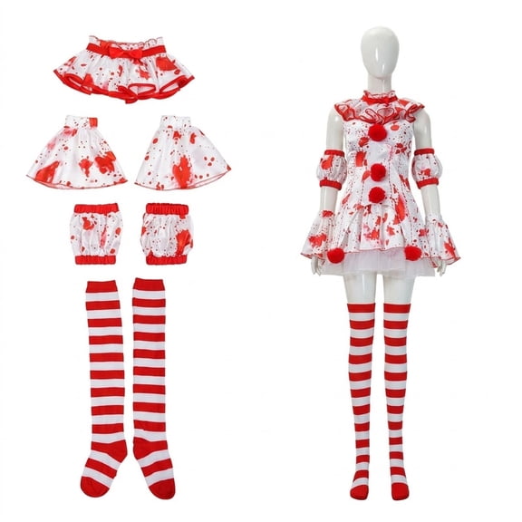 Clown Halloween Costumes for Women, Dress Socks Scarf Sleeves and Arm Bands Set, Cosplay Outfit for Party Events