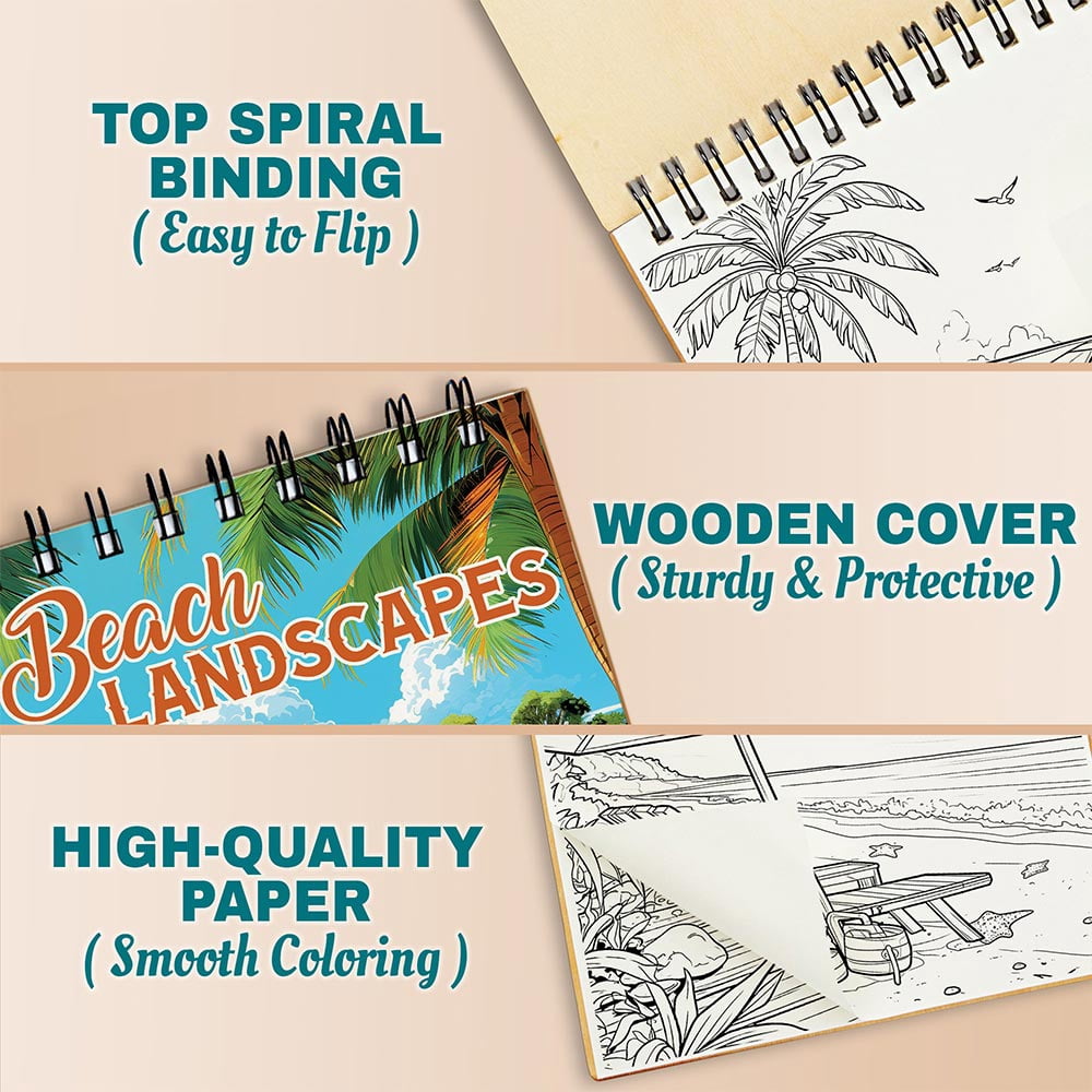 Beach Landscapes Coloring Book Spiral Bound for Adults, A5 Wooden Cover, 30 Beautiful Beach Scenes Coloring Pages of Serene Coastal for Stress Relief and Relaxation