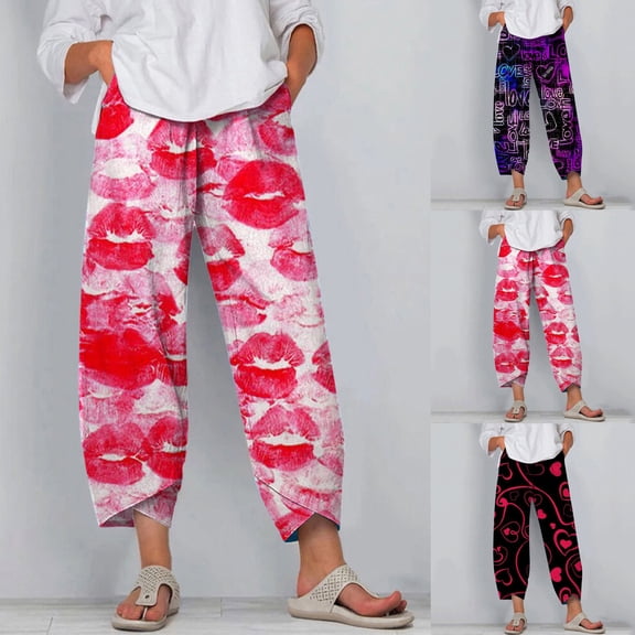 CAIXIA Women Sweatpants Pink Bow Heart Trendy Graphic Pants Ladies' Valentine's Day Fashion Casual Pants High Waist Trendy Weekend Trousers