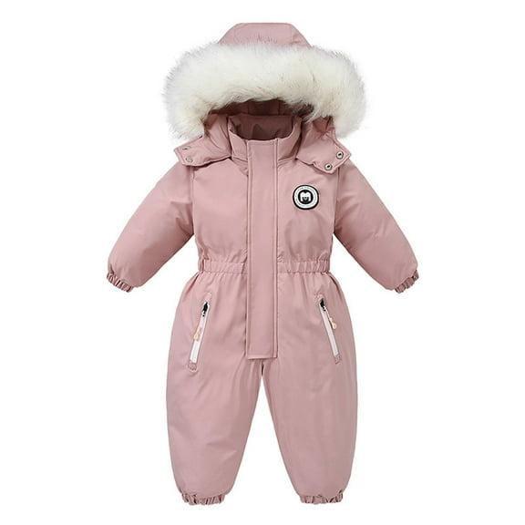 Xfvqtps Snowsuit One Piece Fake Fur Hooded Rompers Plush Lined Keep Warm Solid Color Cute Badge Waterproof Windproof Winter Jumpsuits Pink
