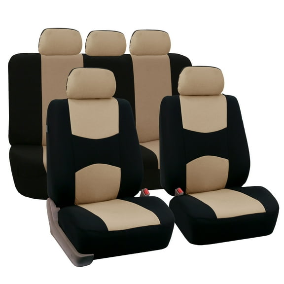 FH Group Universal Flat Cloth Fabric Car Seat Cover, 5 Headrests Full Set, Beige and Black