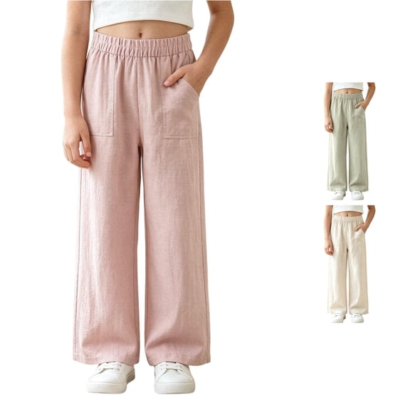 WhouRiu Girls Casual Pants Solid Color Elastic Waist Loose Straight Leg Pants Kids Comfortable Lightweight Daily Trousers With Pockets,6-7 Years