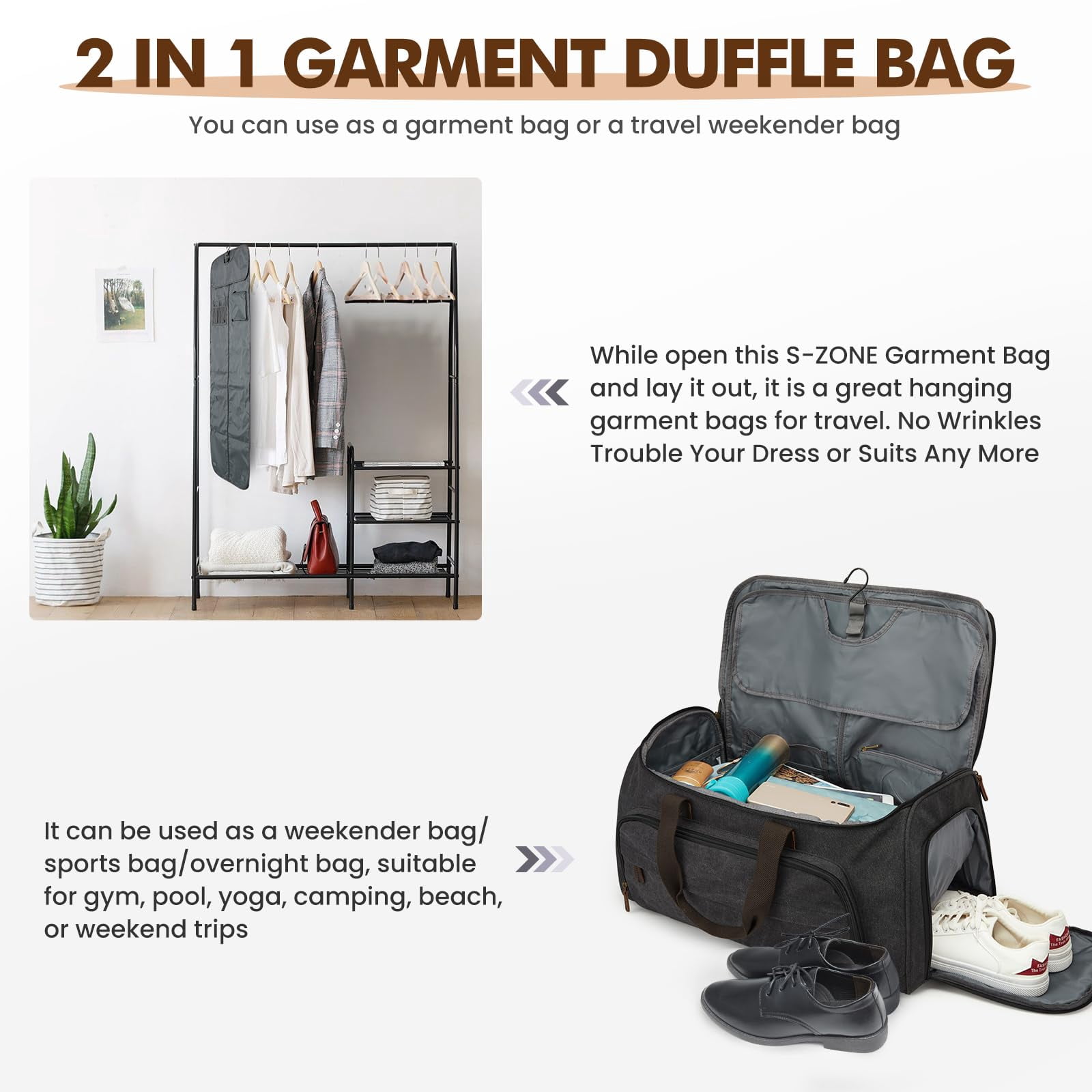 S-ZONE Carry On Garment Bag for Travel, 2 in 1 Convertible Garment Duffle Bag with Toiletry Bag, Hanging Suitcase for Men and Women, 50L