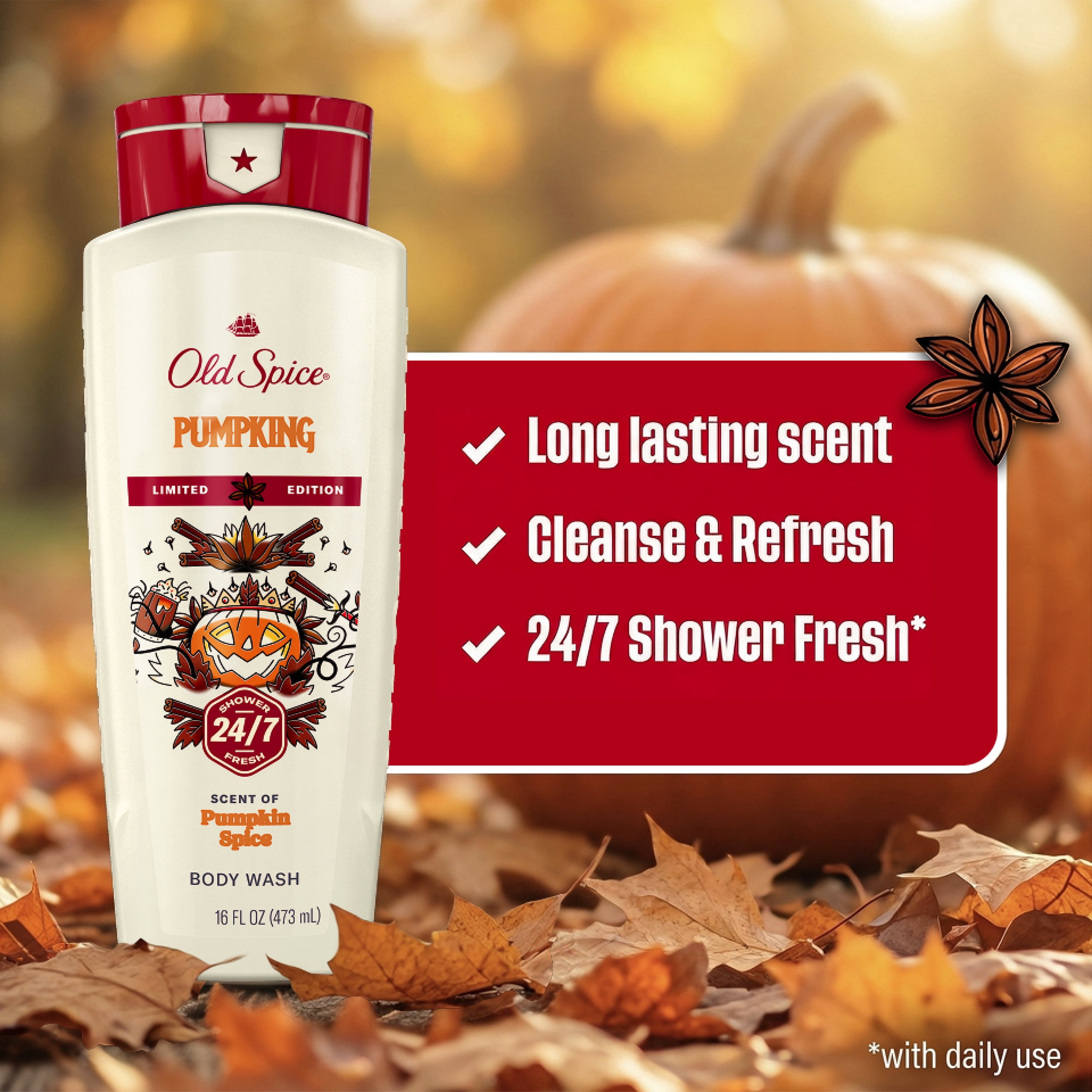 Old Spice Men's Body Wash, Pumpking, Scent of Pumpkin Spice, Long Lasting, Cleanse & Refresh, 16 fl oz