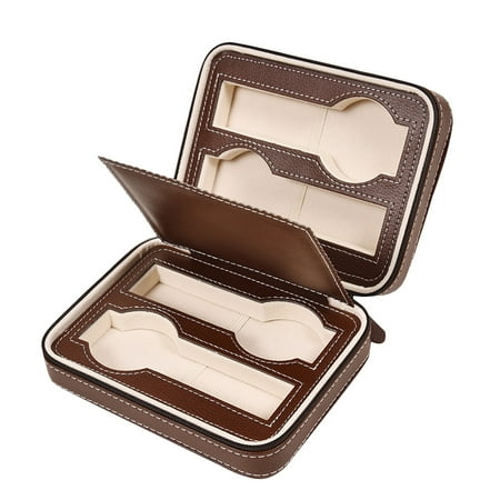4 Slot Watch Travel Case Portable PU Leather Zippered Watch Storage Box Display Organizer Case - Brown