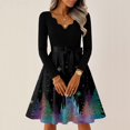 thumbnail image 2 of Women's Casual Fashion V-Neck Long Sleeved Retro Christmas Print Retro Dress, Holiday Print, Audrey Style, Party Wear, Casual Dress, Festive,Black,XL, 2 of 7