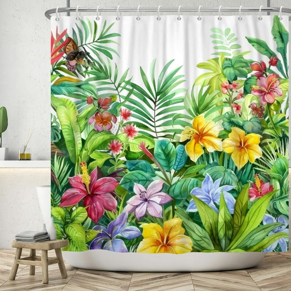 MIZHONA Green Plants Leaves Shower Curtain,Colorful Flower Bathroom Curtain 72x72 Inch