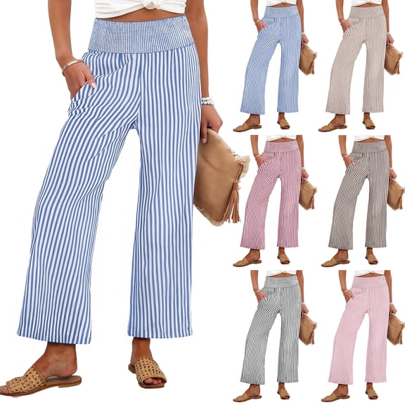 Women's Vertical Striped Palazzo Pants Smocked High Waist Wide Leg Trousers Casual Loose Cropped Slacks with Pockets 3/4 Length