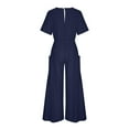 thumbnail image 6 of Dazajoo Women Solid Color Cotton Linen Jumpsuits With Pockets Summer Casual Short Sleeve Wide Leg Elastic Waist Jumpsuit Pants for Women 2024 Dressy Trendy Oversized Flowy Jumpers,Navy,XXL, 6 of 9