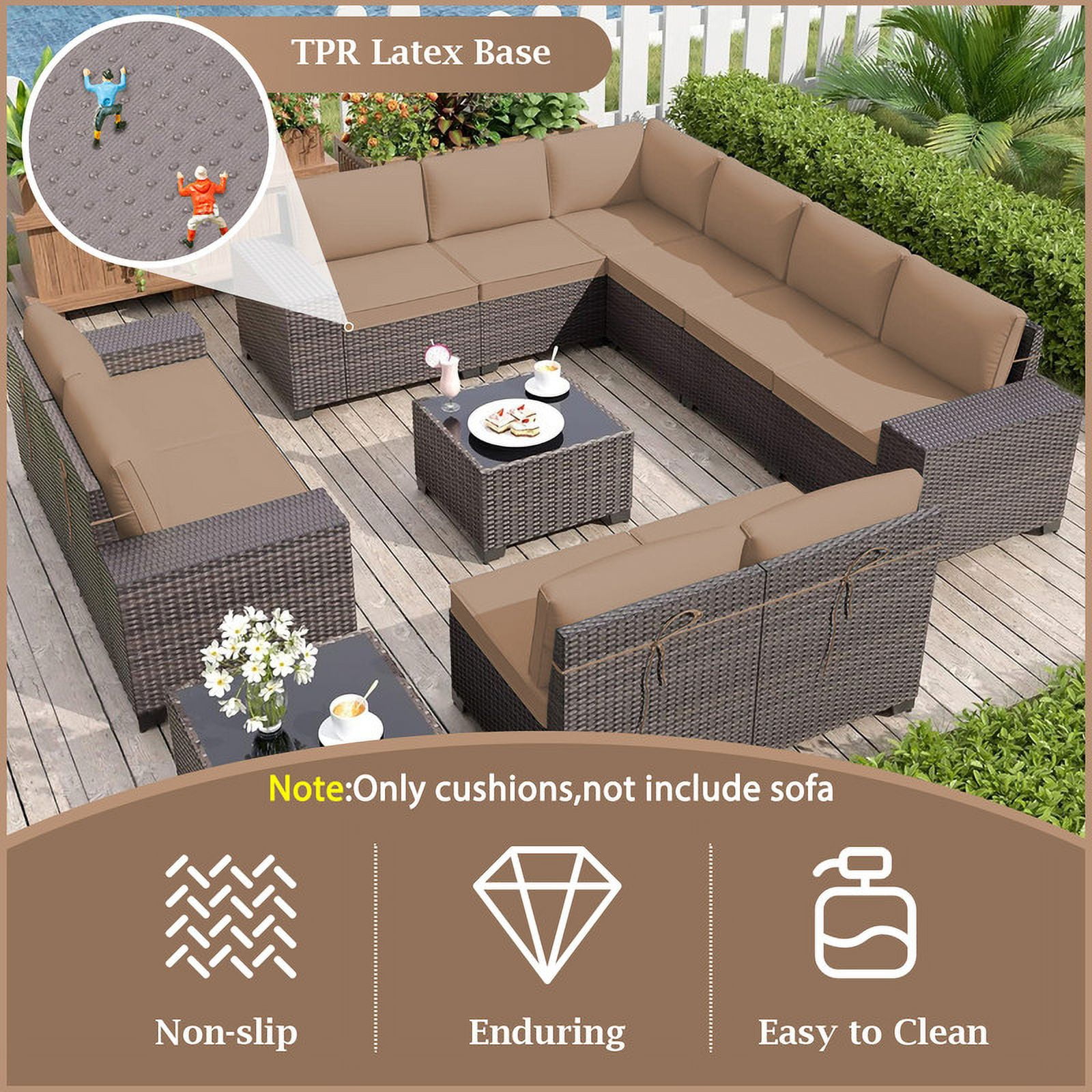 Outdoor Cushions for Patio Furniture Replacement, 4" Foam High-Density, 14-Piece Water-Resistant Outdoor Cushion for 6-Seat Sectional Patio Conversation Sets（Beige）