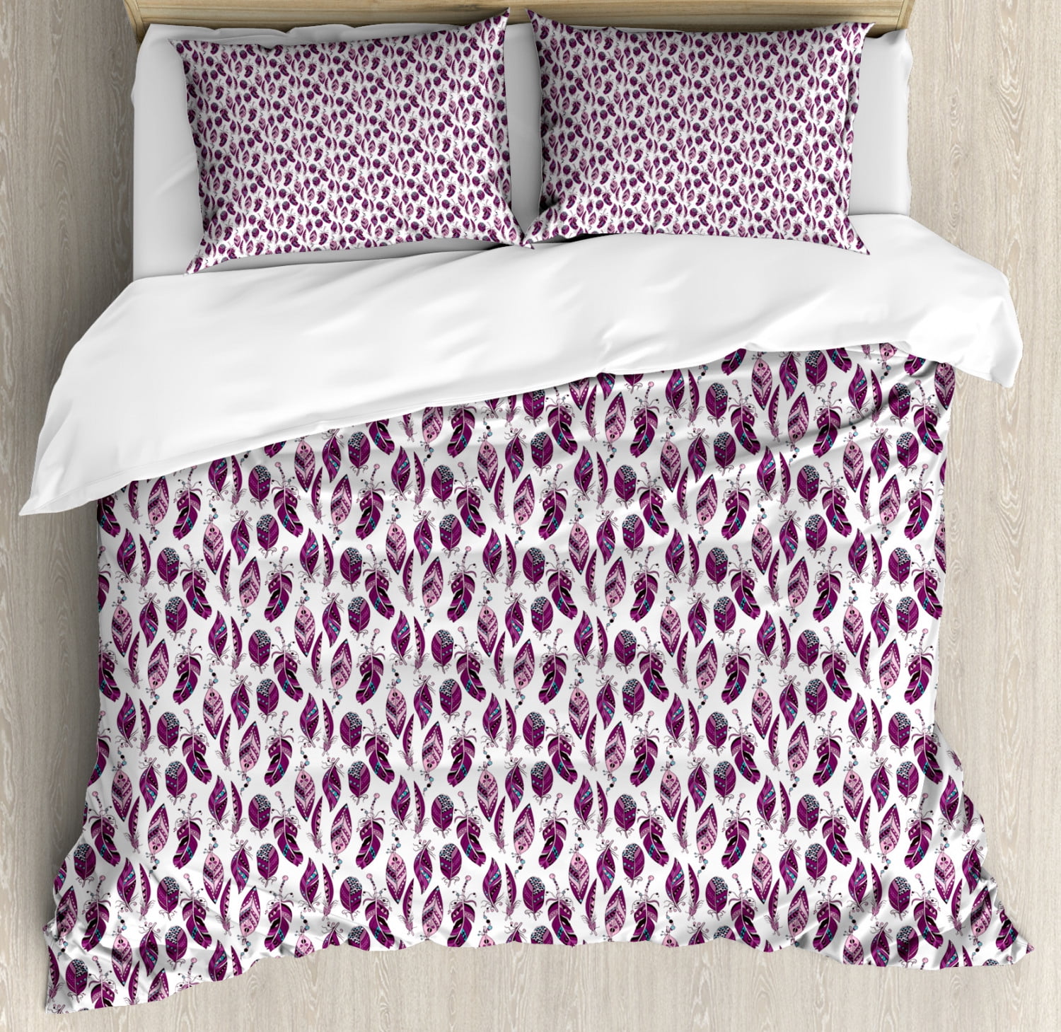 Hippie Duvet Cover Set, Ethnic Feathers with Geometric Motifs and Artsy