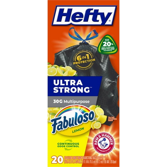 Hefty Ultra Strong Multipurpose Large Trash Bags, Black, Fabuloso Lemon Scent, Made with 20% Post-Consumer Recycled Materials, 30 Gallon, 20 Count