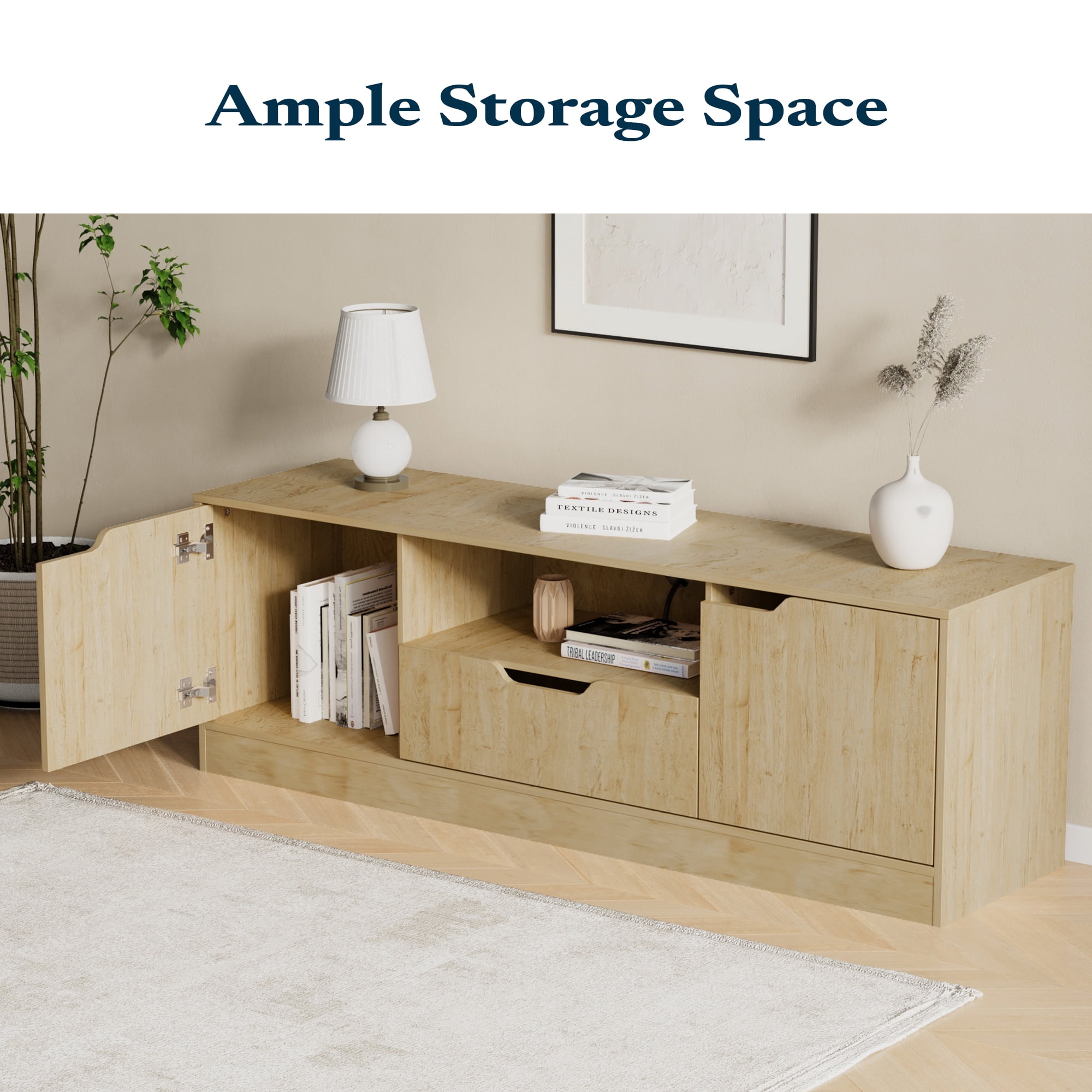 Modern TV Stand for 55/60/65 Inch TV, Media TV Console Table with 2 Doors & Drawer, Entertainment Center with Storage Cabinet for Living Room, Bedroom, Oak