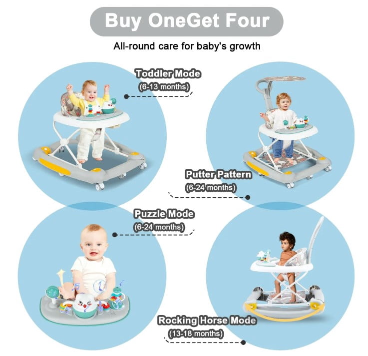 LHUAI 6-in-1 Baby Walker With Wheels, Bouncer, Removable Footrest, Feeding Tray & Music, Foldable & Adjustable Activity Walker For Boys And Girls, Toddler Infant, Grey
