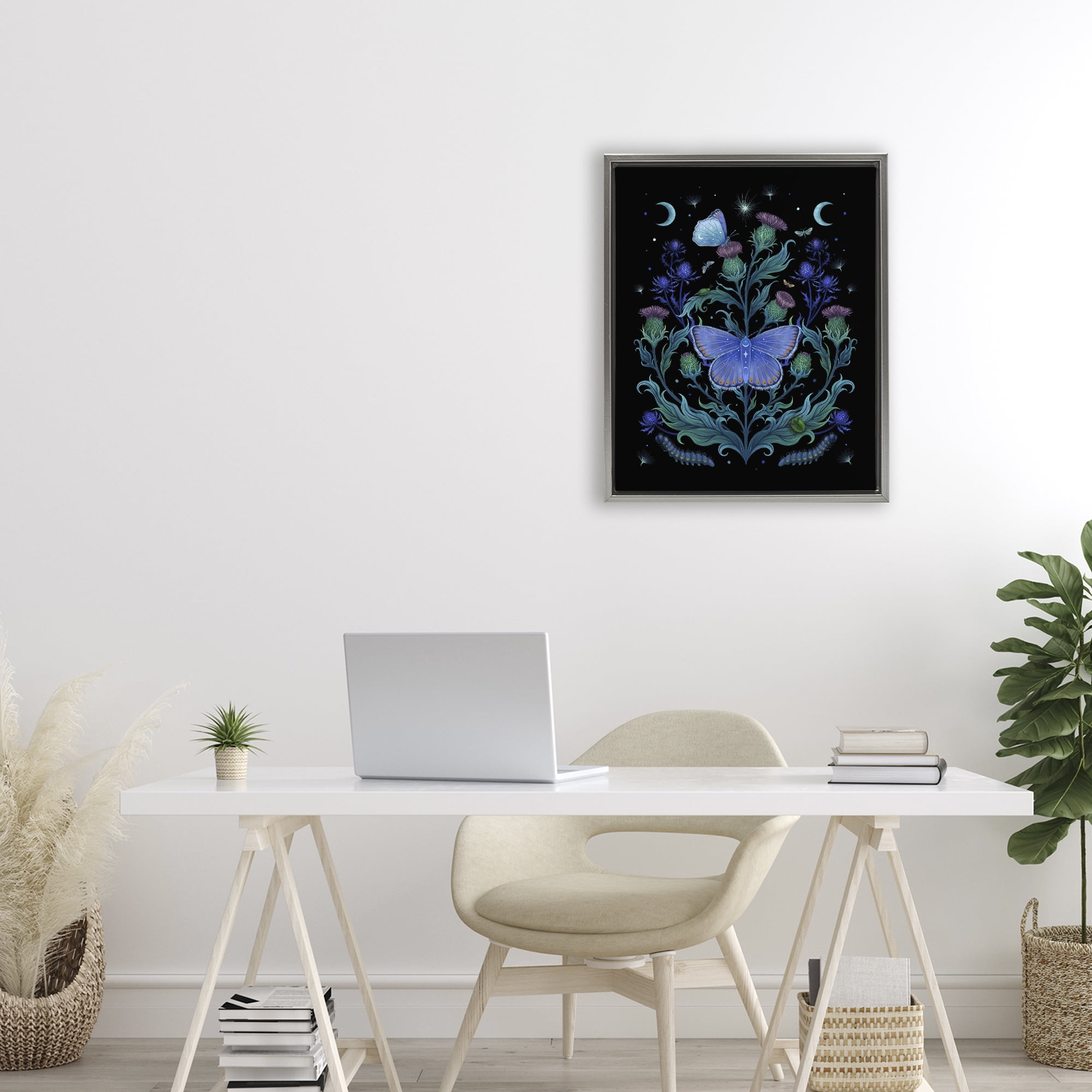 Stupell Industries Thistles & Insects at Night Gray Framed Floater Canvas Wall Art, design by Episodic Drawings