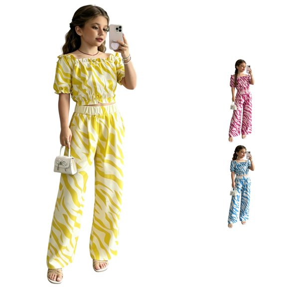 ZXLBBD Girls Fall 2 Piece Outfit Off Shoulder Ruffle Crop Top and Elastic Waist Wide Leg Pants Kids Patchwork Color Casual Clothing Sets,Yellow,Size 10 Y-