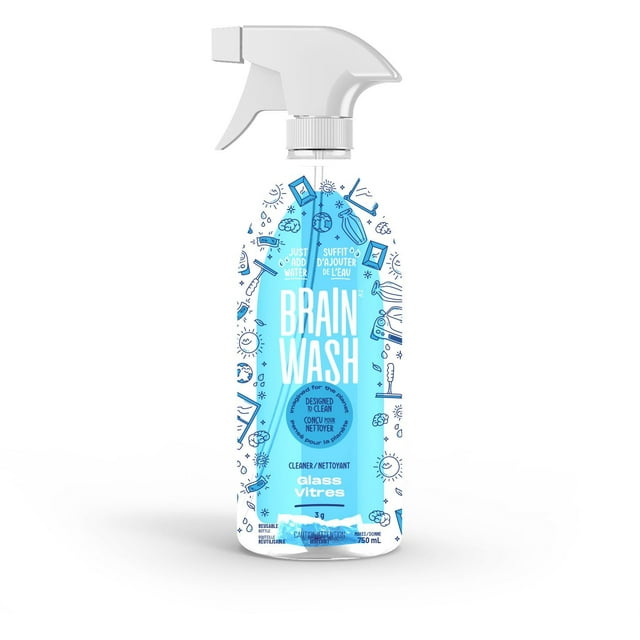 Brain Wash reusable glass cleaner spray bottle with blue label, designed to be mixed with water, 750 ml capacity.