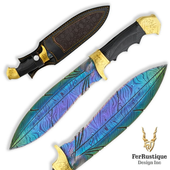 FRD: Handmade Damascus Steel Collectible Knife - Fixed Blade Collectible Knife with Leather Sheath, Unique Feather Pattern