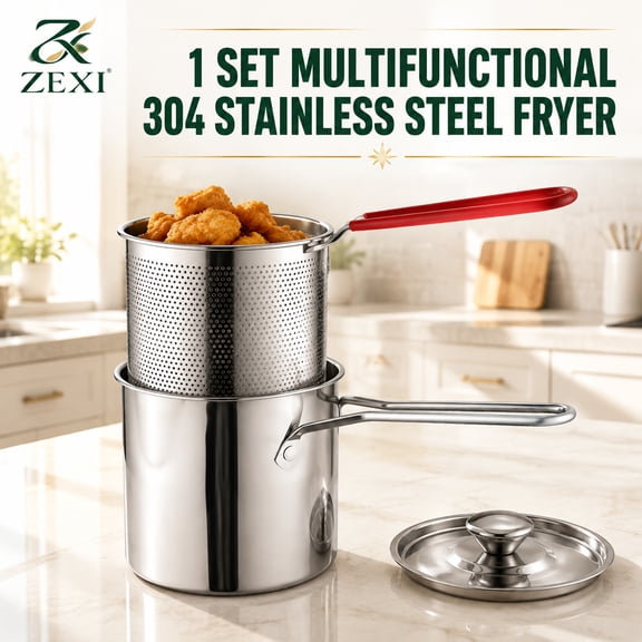 Stainless Steel Fryer, Multifunctional 304 Deep Fry Pot with Strainer Basket and Lid for Frying, Boiling and Oil Draining