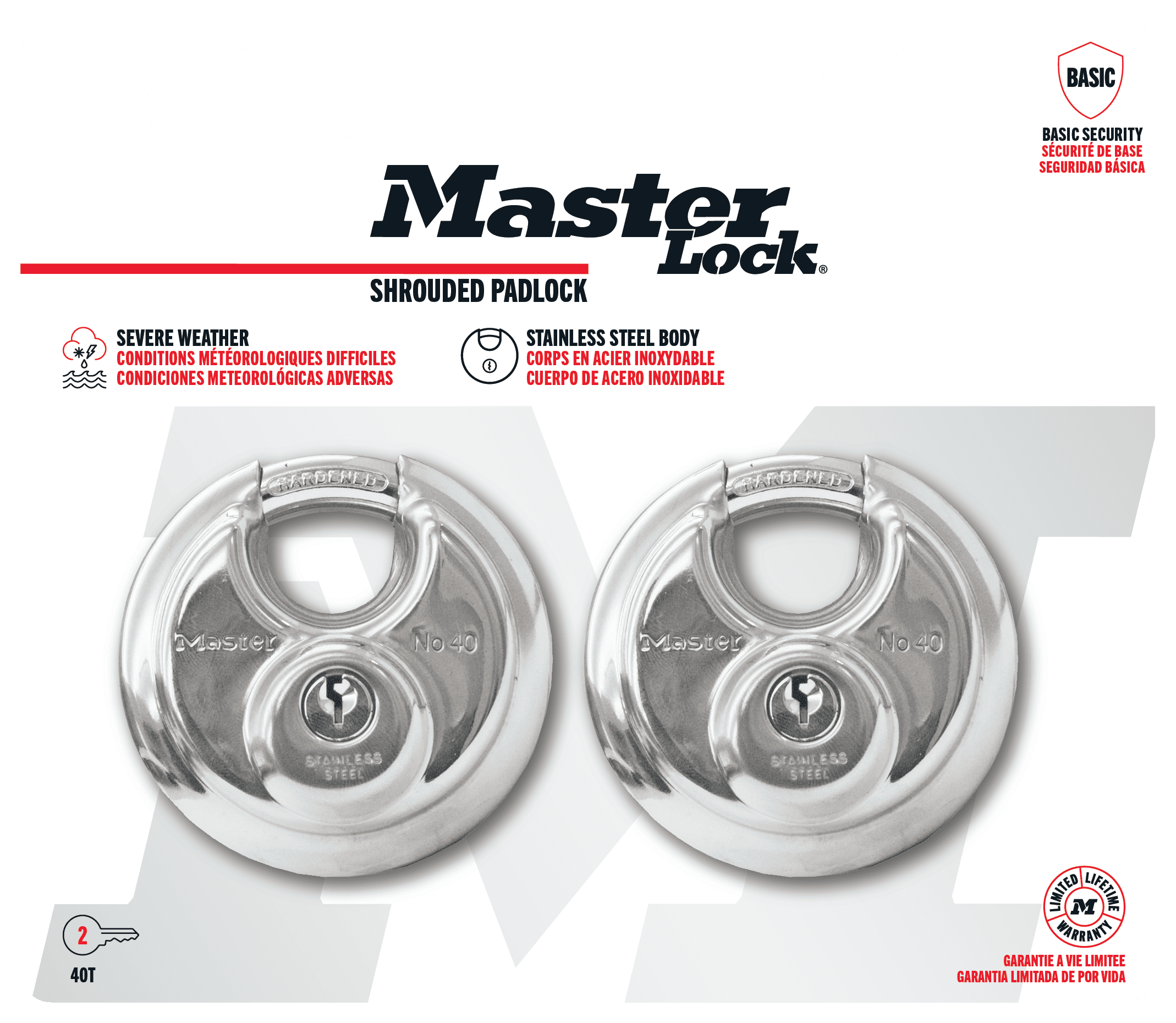 (2 pack) Master Lock 2-3/4in (70mm) Wide Stainless Steel Discus Padlock with Shrouded Shackle; 2-Pack