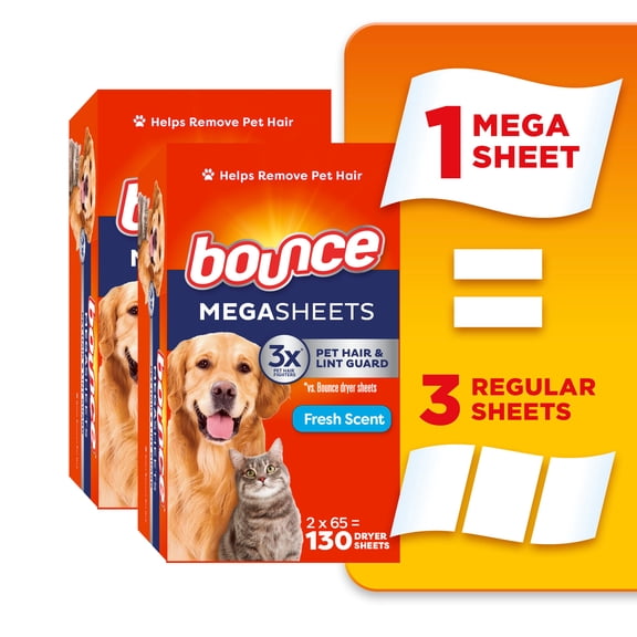Bounce Dryer Sheets, Pet Hair and Lint Guard, Fresh Scent, 130 Mega Dryer Sheets