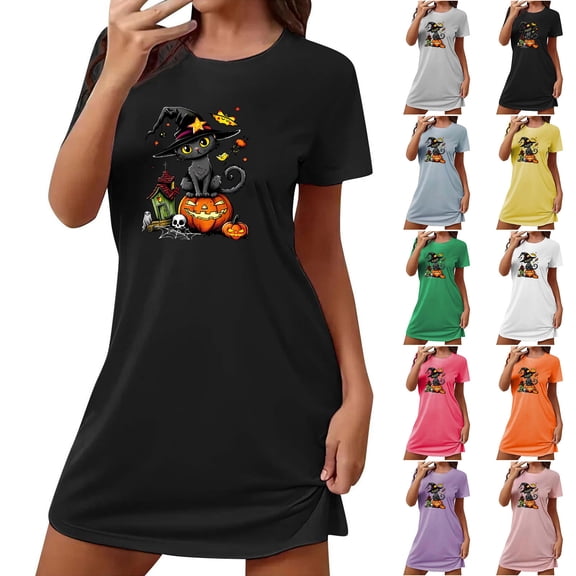 Danhjin Women's Halloween Print Pajamas Casual Homewear Plus Size Crew Neck Short Nightgown Loose Comfy Short Sleeve Nightshirt With Graphic