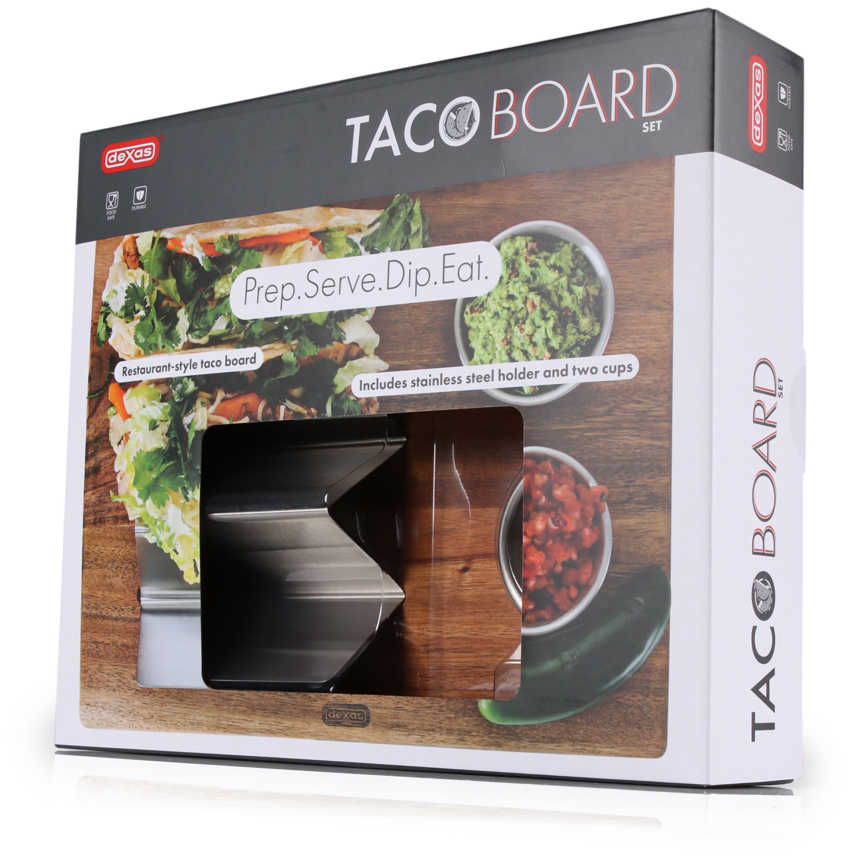 Dexas Acacia Wood Taco Serving Board with Two 2oz Stainless Steel Cups and Taco Holder