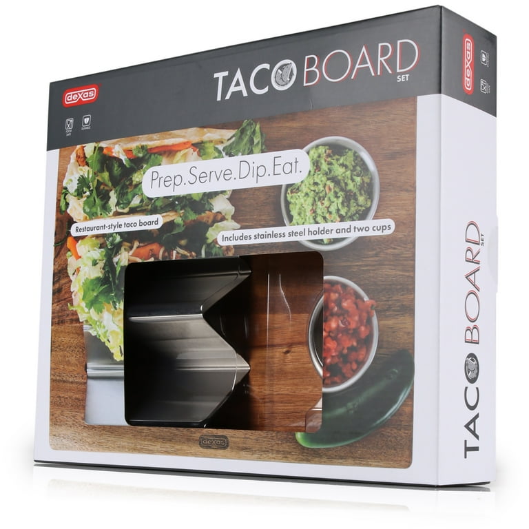 Dexas Acacia Wood Taco Serving Board with Two 2oz Stainless Steel